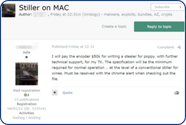 Publicação em um fórum em que foi oferecido 50 mil dólares para desenvolver um novo stealer de MacOS